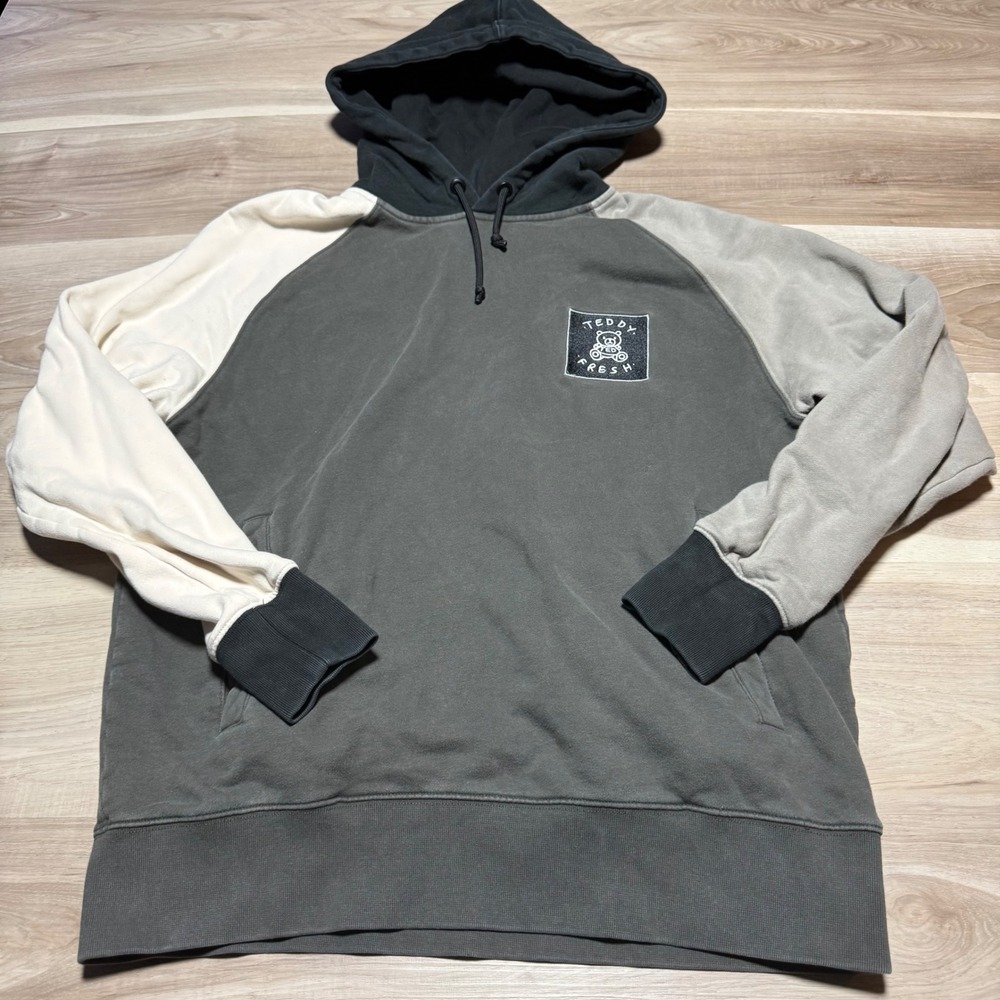 Teddy Fresh Hoodie‎ Mens Medium Grey Colorblock Raglan Pullover Streetwear Bear